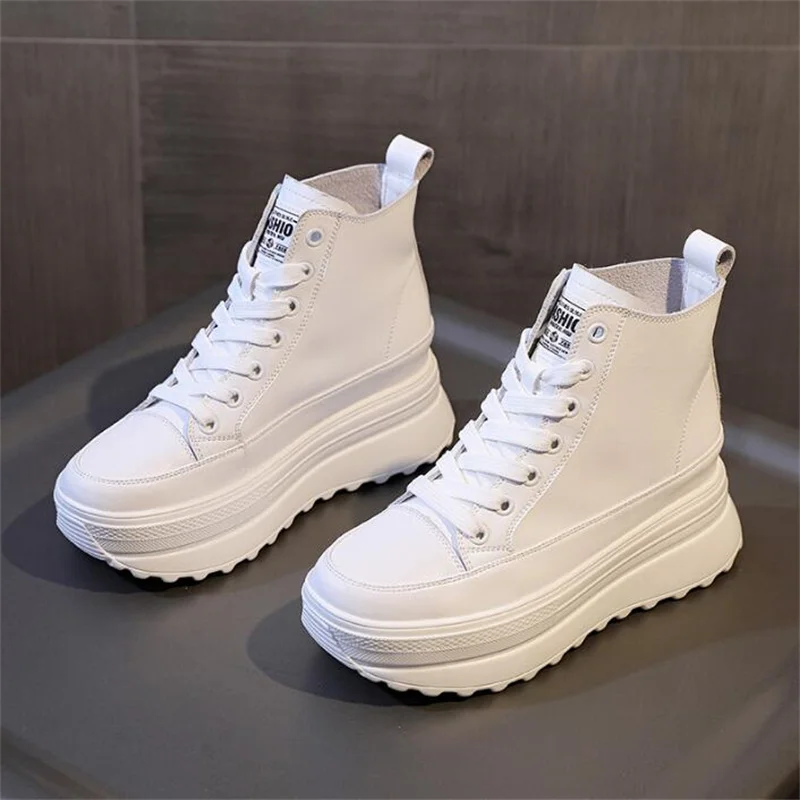 Women Genuine Leather White Breathable New Shoes 7cm Platform Boots Wedge Hidden Heel Spring Autumn Lace-Up Black Shoes Sneakers