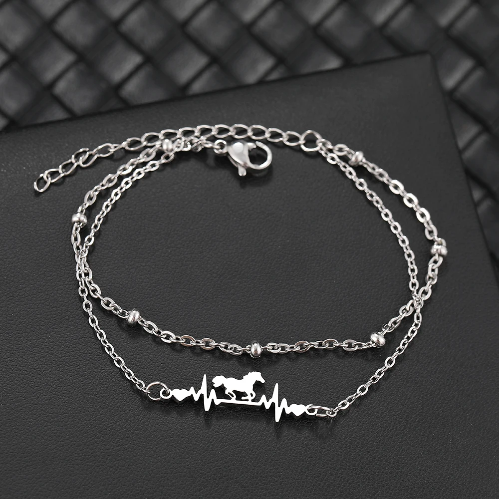 Stainless Steel Bracelets Fashion Heartbeat Horse Pendant Multi-Layer Bead Chain Charms Bracelet For Women Jewelry Party Gifts