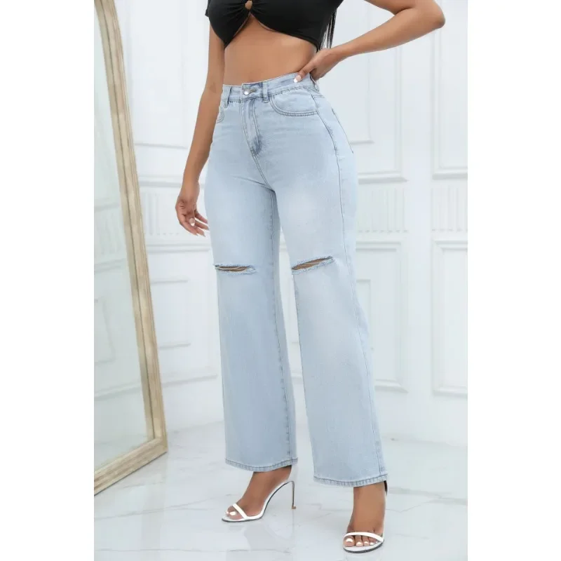 

Wepbel Bell-Bottom Denim Pants Long Fashion Ripped Casual Loose Mid Waist Jeans for Women Streetwear Casual Denim Trousers