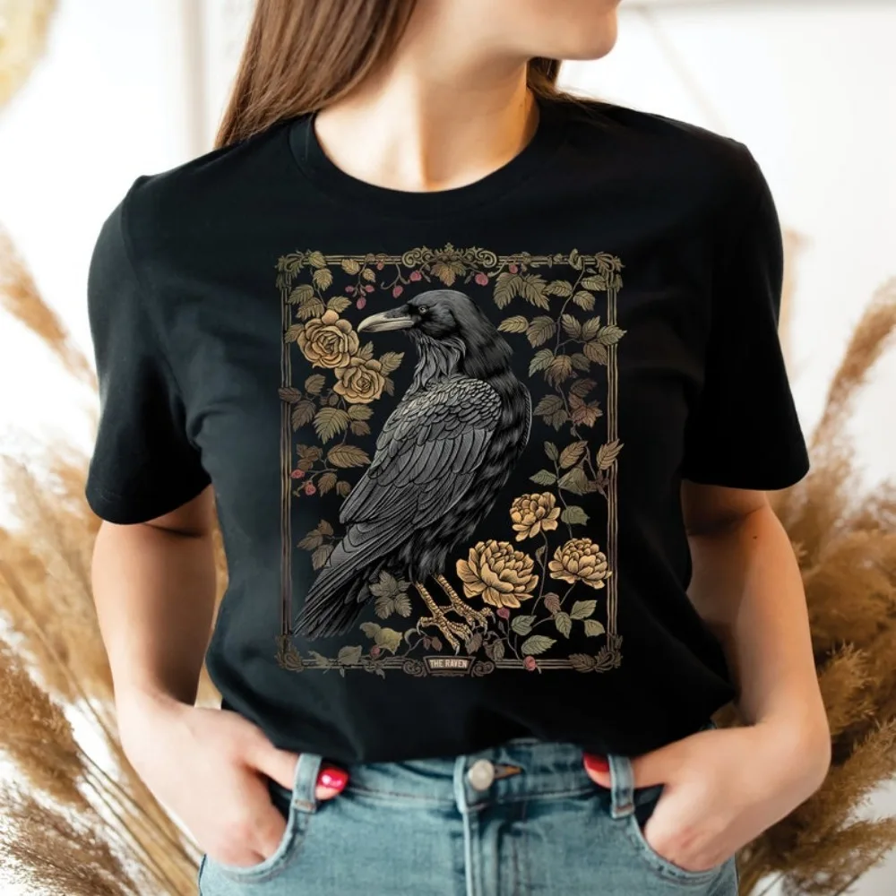 Vintage Raven Tarot Card Shirt Goblincore Gothic T-Shirt Witchy Crow Dark Academia Tops Sorority Spirit Tees Creativity Style