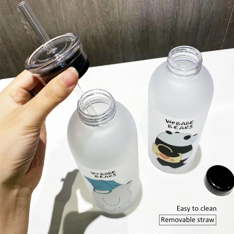 1000ml Water Bottles Cute Panda Bear Cup With Straw Transparent Cartoon Water Bottle Drinkware Frosted Cup Leak-proof