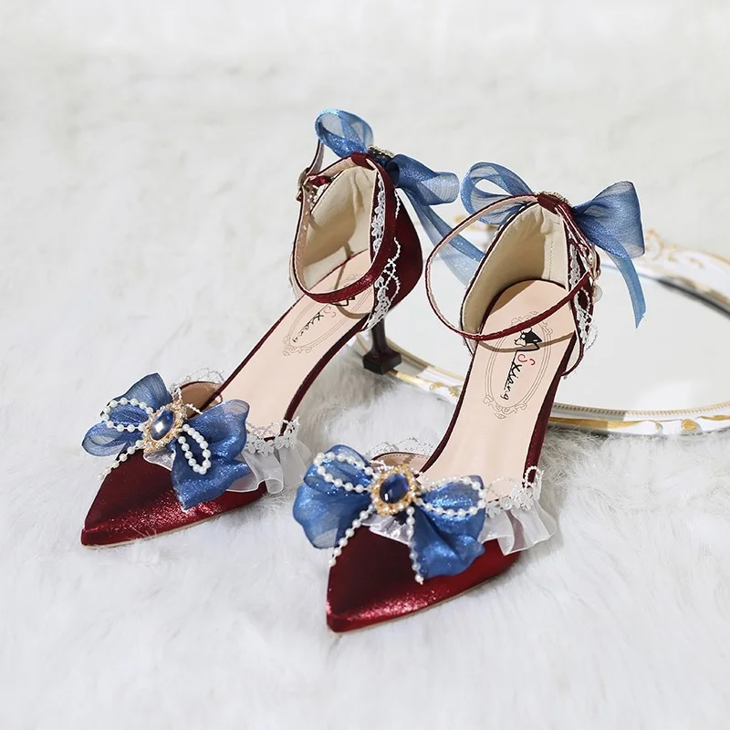 White Snow girl matching heels elegant delicate Burgundy bow pointy