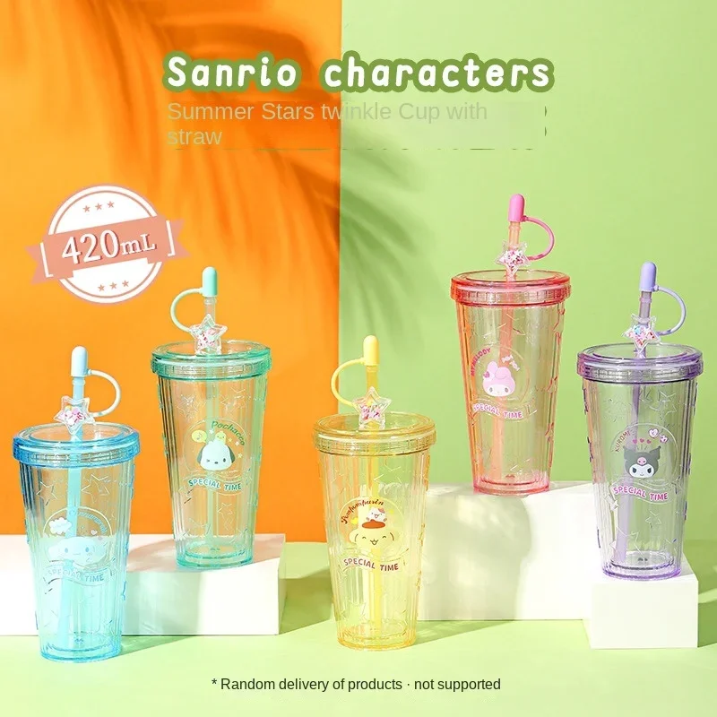 Anime Cartoon Saniroed Series Plastic Straw Cup Kawaii My Melody Cinnamoroll Kuromi Pochacco Cute Portable Water Cup Kids Gift