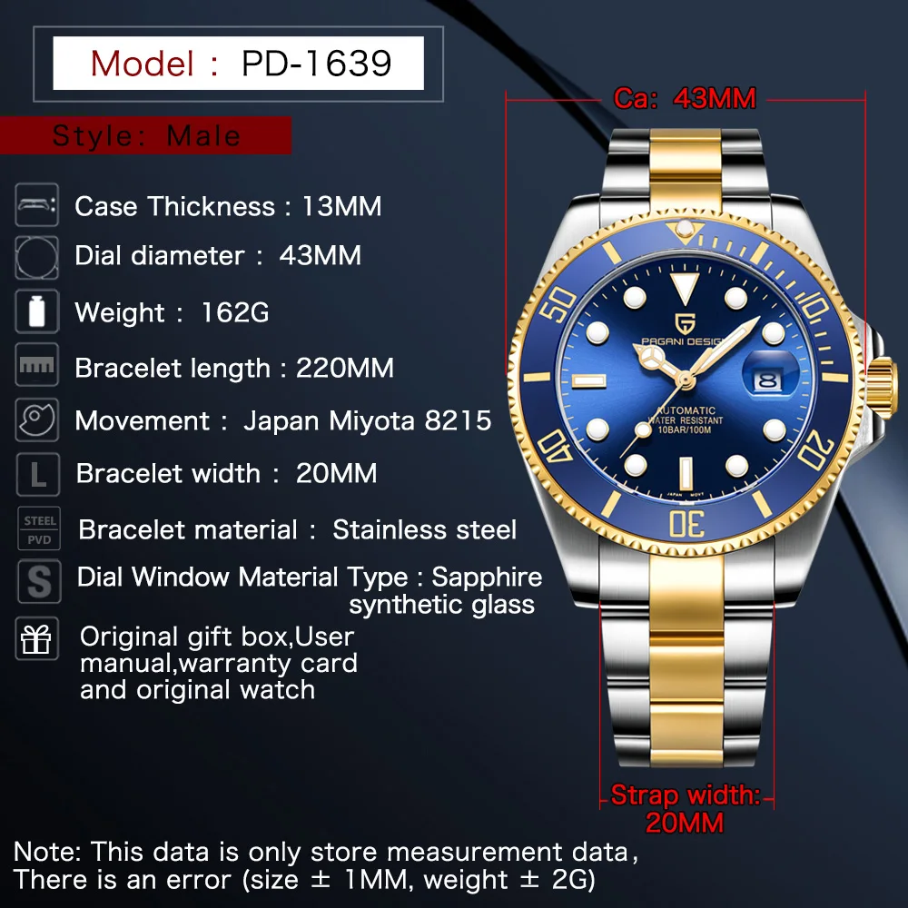 PAGANI DESIGN watch luxury gold and silver retro automatic mechanical watch men's Sapphire crystal stainless steel men's watch