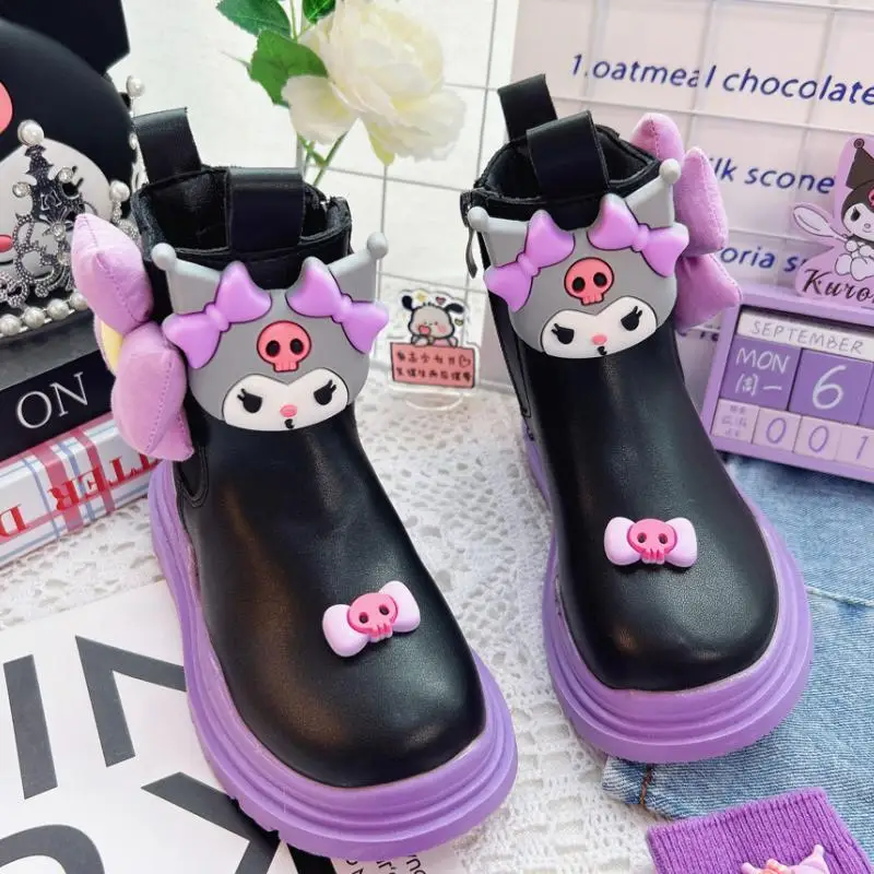 Anime Sanrios My Melody Kuromi Kawaii Cartoon Girl Leather Boots Autumn Winter Chelsea Mid-Calf Pink Princess Shoes Martin Boots