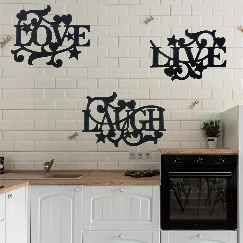 Elegant Gothic Font LOVE LIVE LAUGH 3-Piece Metal Wall Decor Ornate Stylish Wall Art for Bedroom Kitchen Home Interior