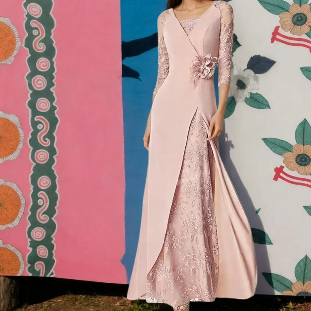 

Elegant Pink V Neck Mermaid Evening Dress 2025 Sweep Train Party Dress Mother Of The Bride Dress Customized