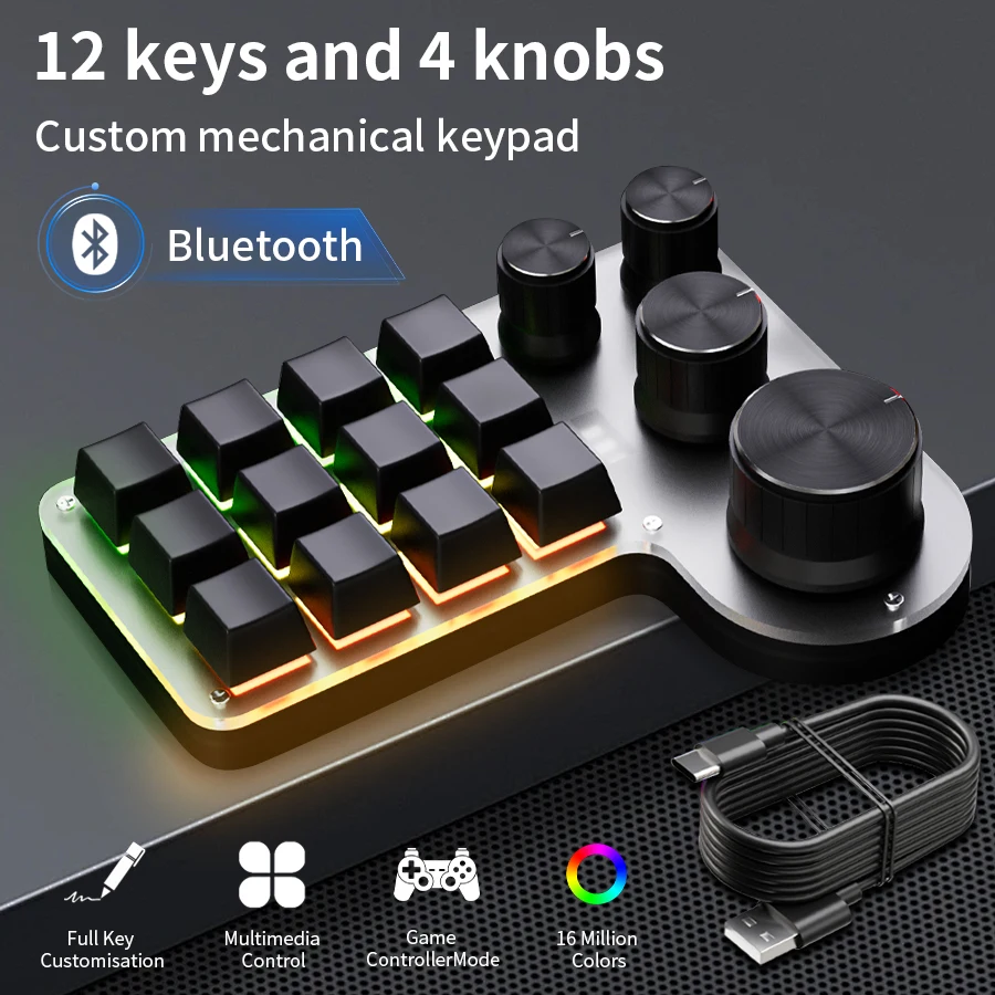 

Bluetooth Mini Macro Custom Keyboard, 12 клавиш, 4 ручки, механическая клавиатура для программирования, RGB-переключатель для игрового рисования, горячая замена Macropad