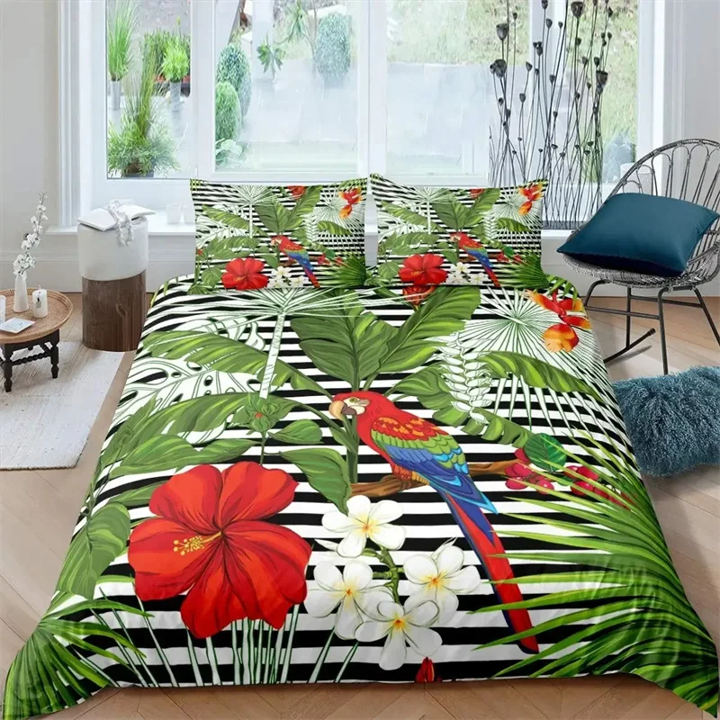 Parrot Duvet Cover Set Black White Stripe Bedding Set Green Plant Palm Leaves Quilt Cover Bird Animal Polyester Comforter Cover