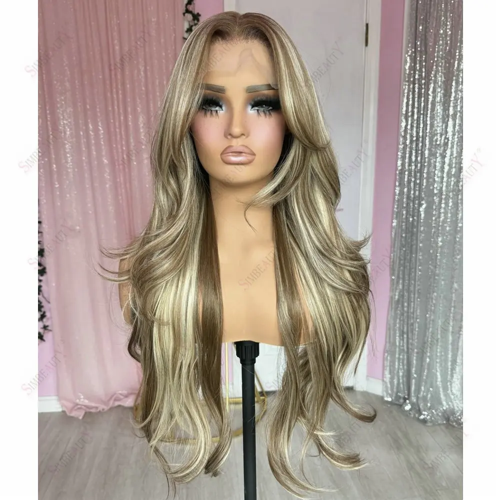 Europäische Echthaar-Perücken mit Vollspitze, transparente Spitzenperücken, hellbraun-blond mit Highlights, natürliche Wellen, 13x6 Lace-Front-Perücken – Detail 2