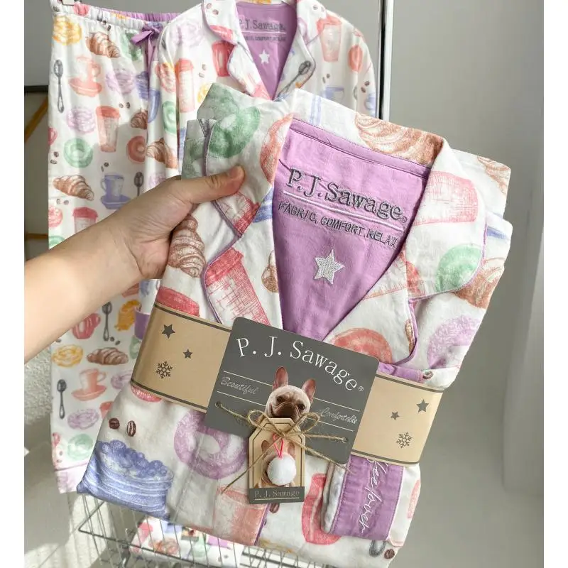 

Осень 2024, новая домашняя одежда, женский пижамный костюм из чистого хлопка, милая ночная рубашка с мультяшным принтом, роскошная одежда для дома, подарок для подруги