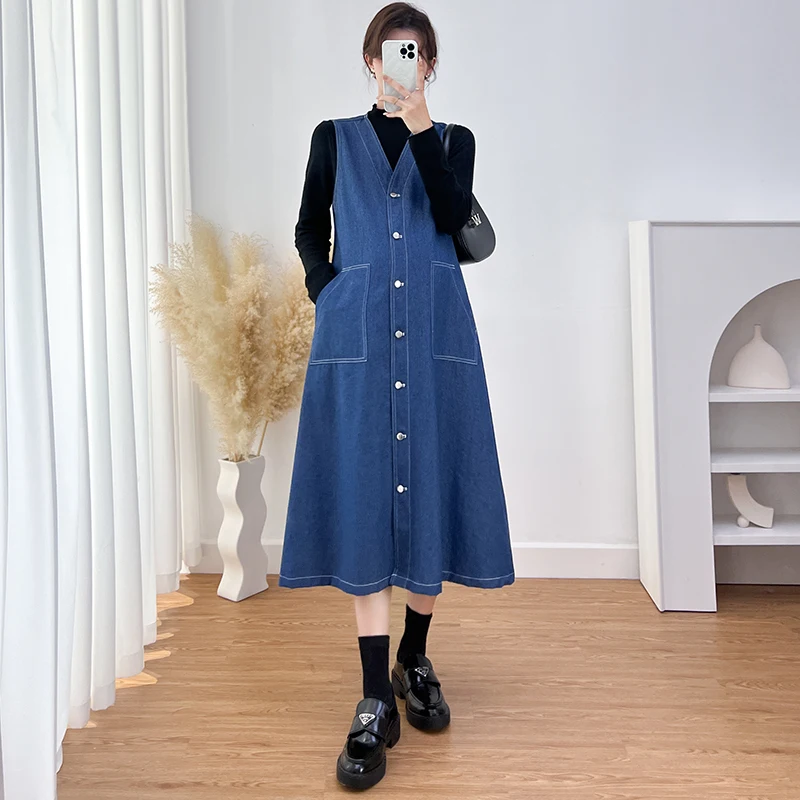 Winter Denim Maternity Women  Jeans  Dress Knitted Shirt Sets Loose Straight Clothes for Pregnant Women Casual Pregnancy