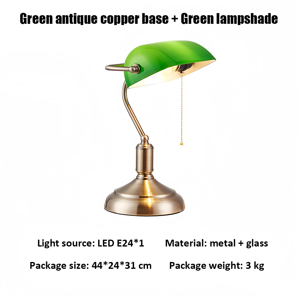 Vintage Desk Lamp Green Glass Antique Table Lights With Brass Base Wireless Rechargeable Pull Chain Traditional Library Lamp