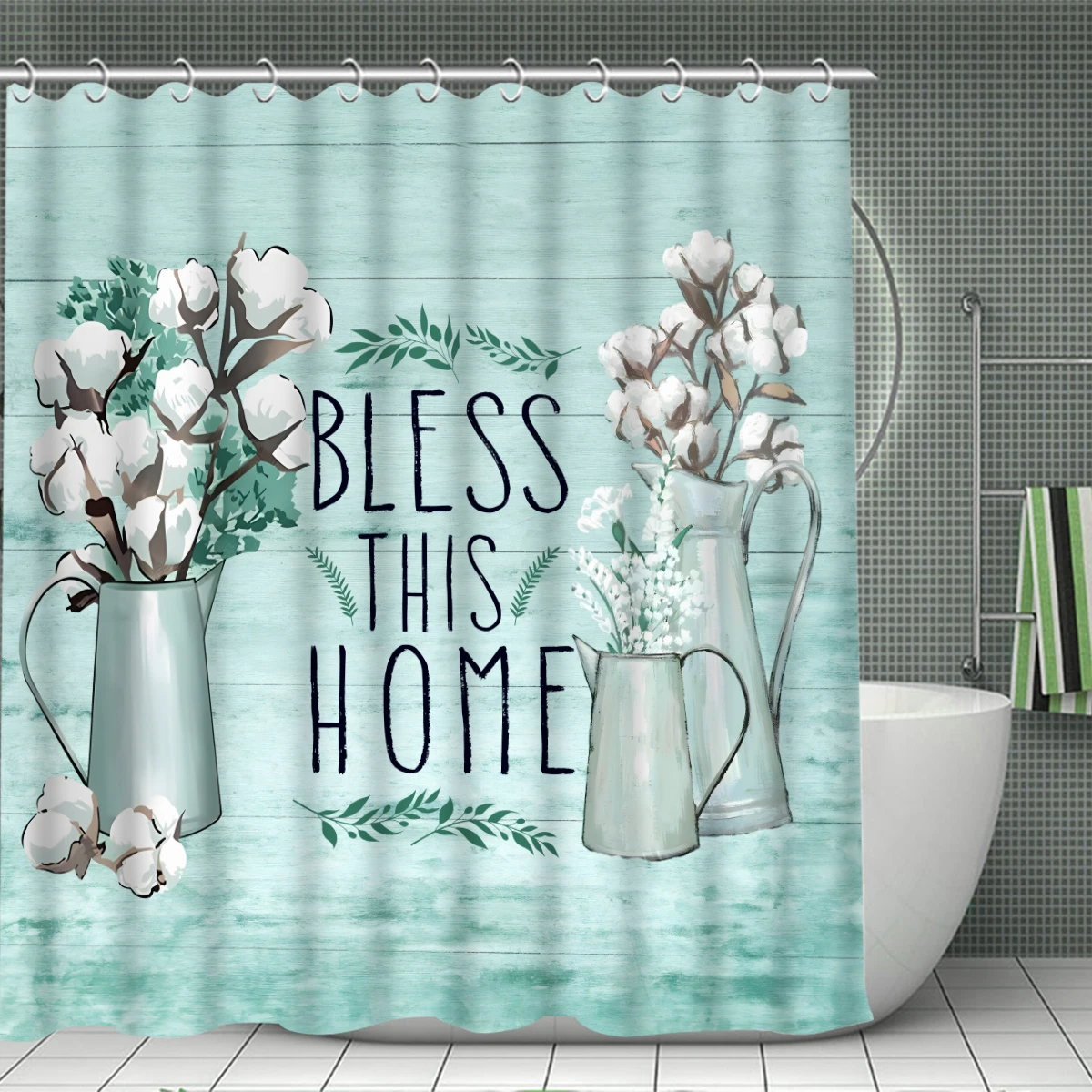 1/4 piece flower simple pattern waterproof shower curtain or waterproof anti-slip shower curtain set, 12 free hooks