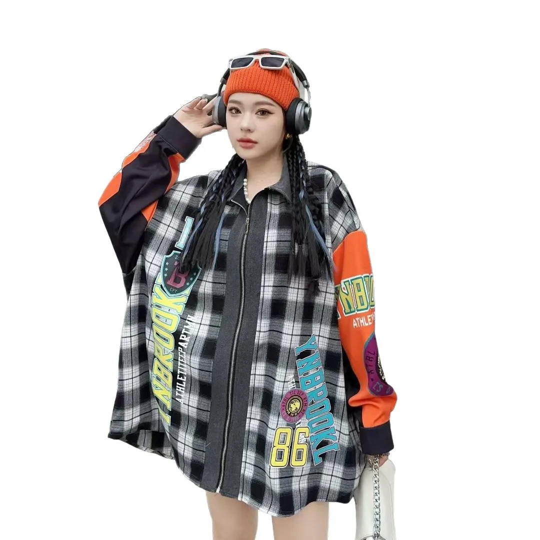 Fashion Casual Loose Letter Print Plaid Long Sleeve Shirt Women 2025 New Autumn Color Block Design Outerwear Trendy Coat