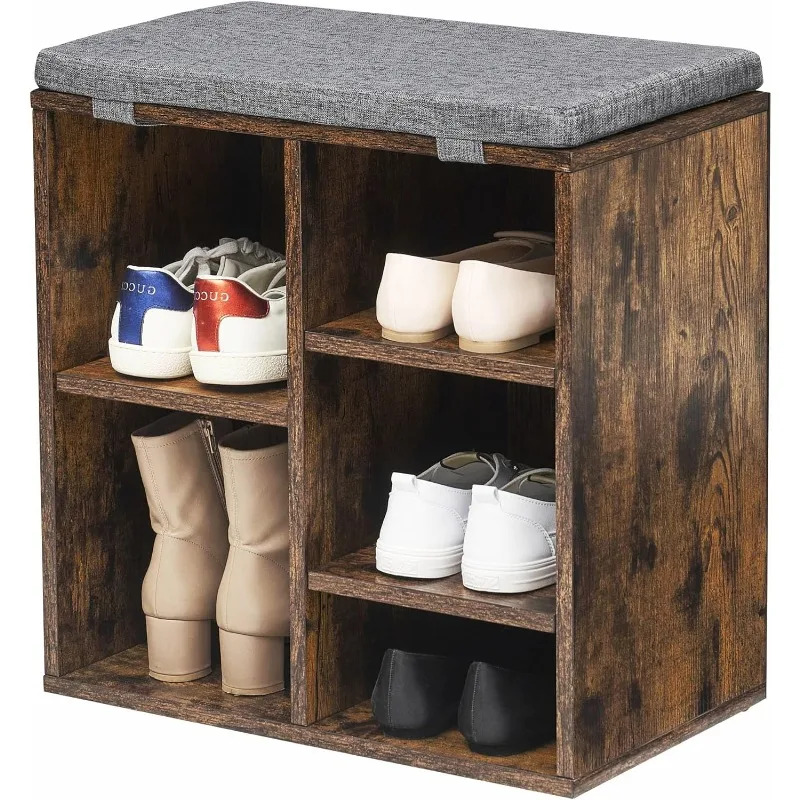 

Shoe Bench, Shoe Storage Organizer with 5 Compartments and 3 Adjustable Shelves, Cushioned Seat, Compact and Narrow,