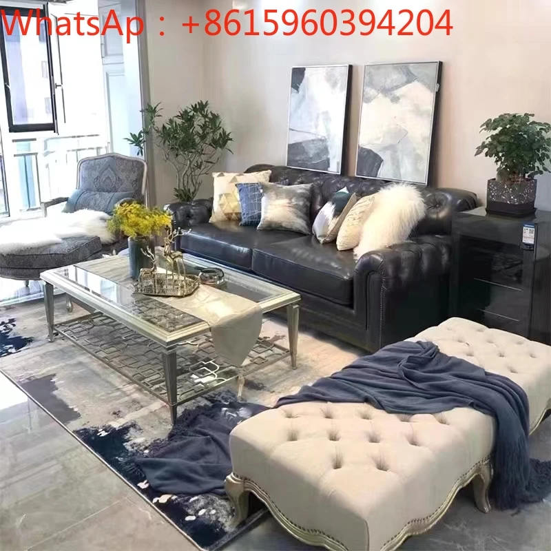 

American light luxury black zipper leather sofa modern simple living room three-person coffee table TV cabinet