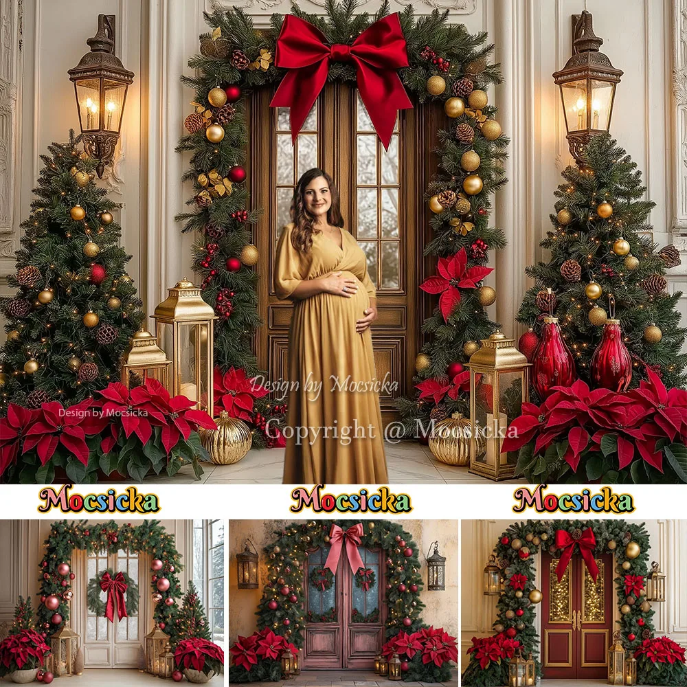 Mocsicka شجرة عيد الميلاد قصر خلفية التصوير الفوتوغرافي القوس الأحمر ديكور عيد الميلاد إكليل فانوس خلفية الشتاء طفل رضيع استوديو الصور