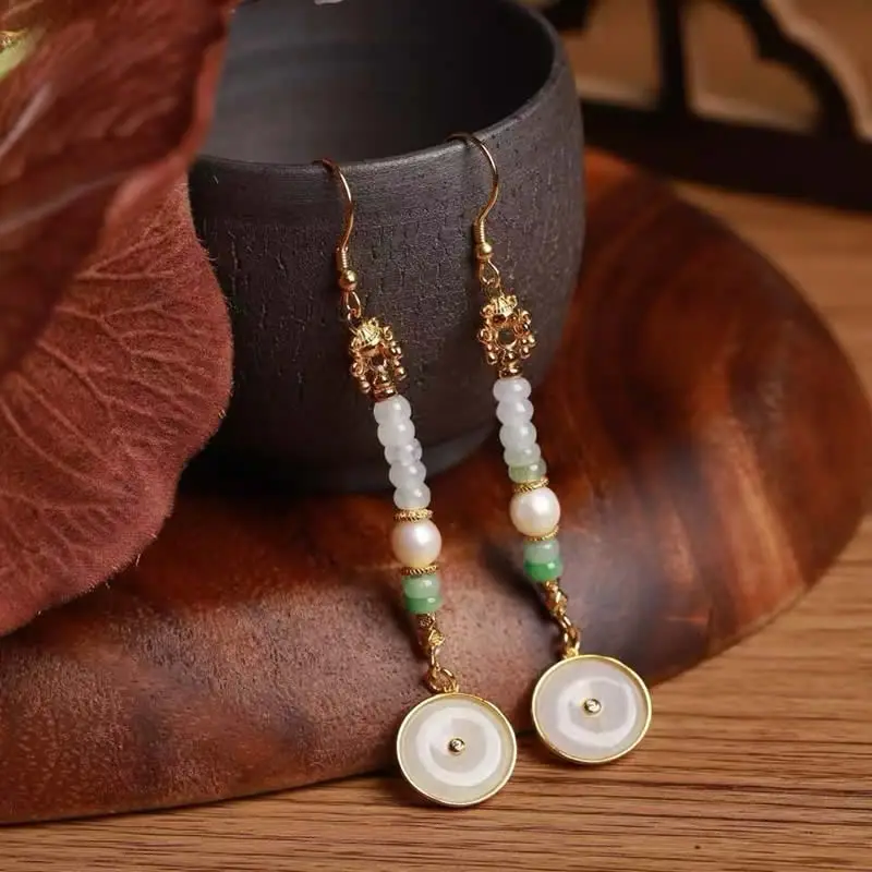 

Natural Green Jadeite Round Circle S925 Silver Dangle Earrings Stamp S925
