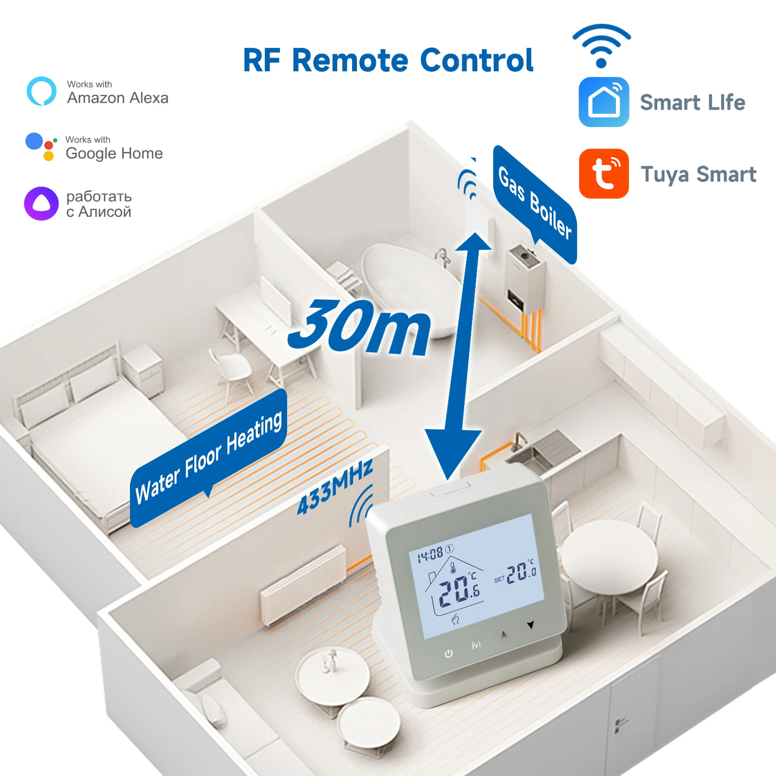 Beok RF Wireless WiFi Thermostat for Gas Boiler Heating Touch Screen Temperature Controller Room Thermoregulator Battery