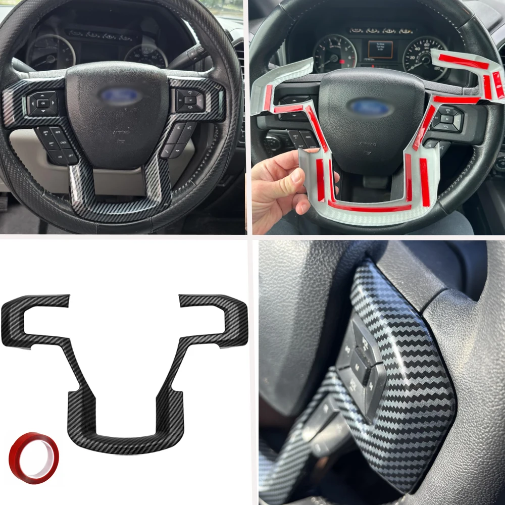 Black+ Carbon Steering Wheel Cover Trim Sticker Decoration For Ford F150 2015-2019 Car Interior Accessory