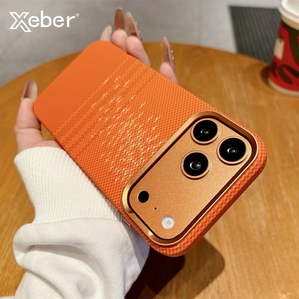 Para Magsafe textura de fibra de carbono funda dura para iPhone 17 16 15 Pro Max lente de aleación carga inalámbrica magnética cubierta a prueba de golpes