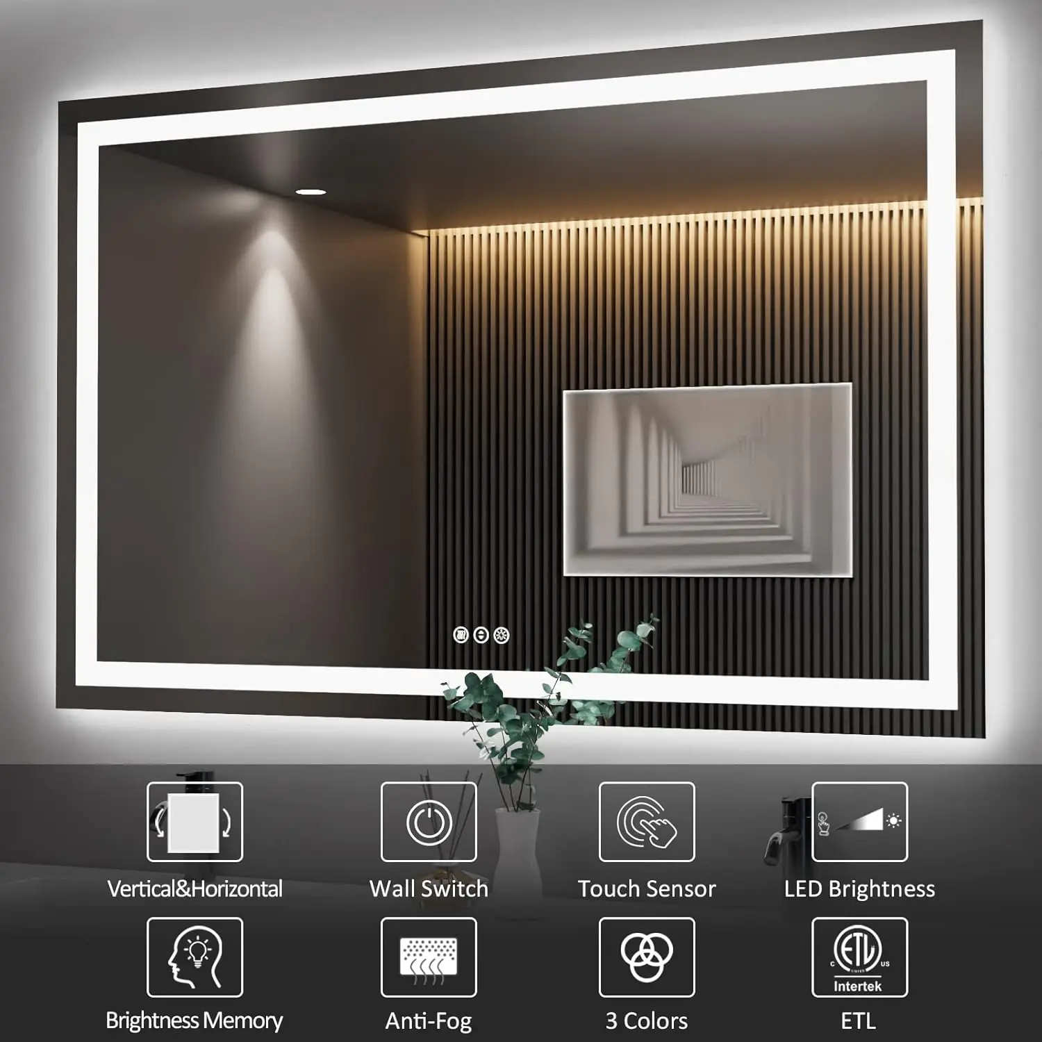 LED Bathroom Mirror 55''x 36'' with Front and Backlight, Dimmable Wall Mirrors with Anti-Fog, Shatter-Proof, Memory, 3 Colors