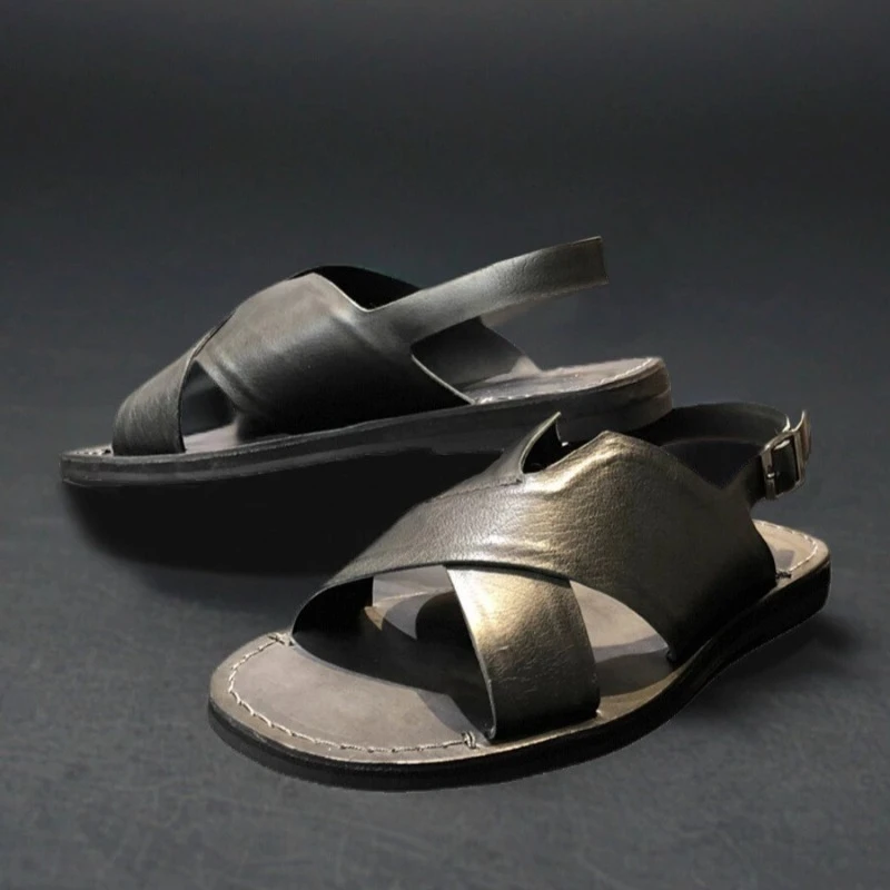 

Designer Handmade Sandals Men's Beach Shoes Washed Cowhide Flat Bottom Open Toe Casual Genuine Leather Outdoor Sandals Male