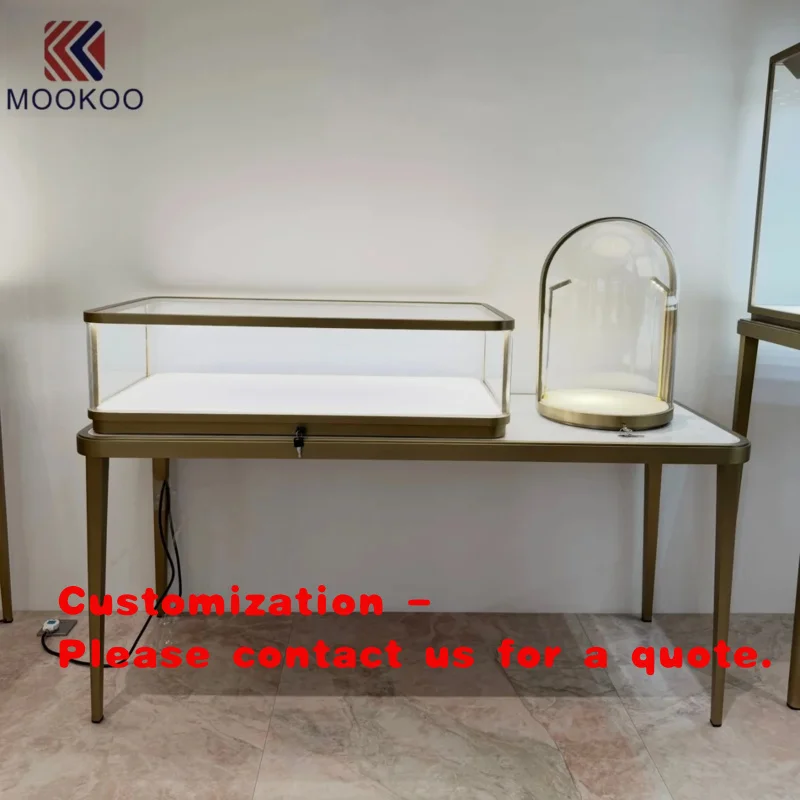 custom.Champagne Gold Stainless Steel Jewelry Display Cabinet Lockable LED Glass Jewellery Showcase