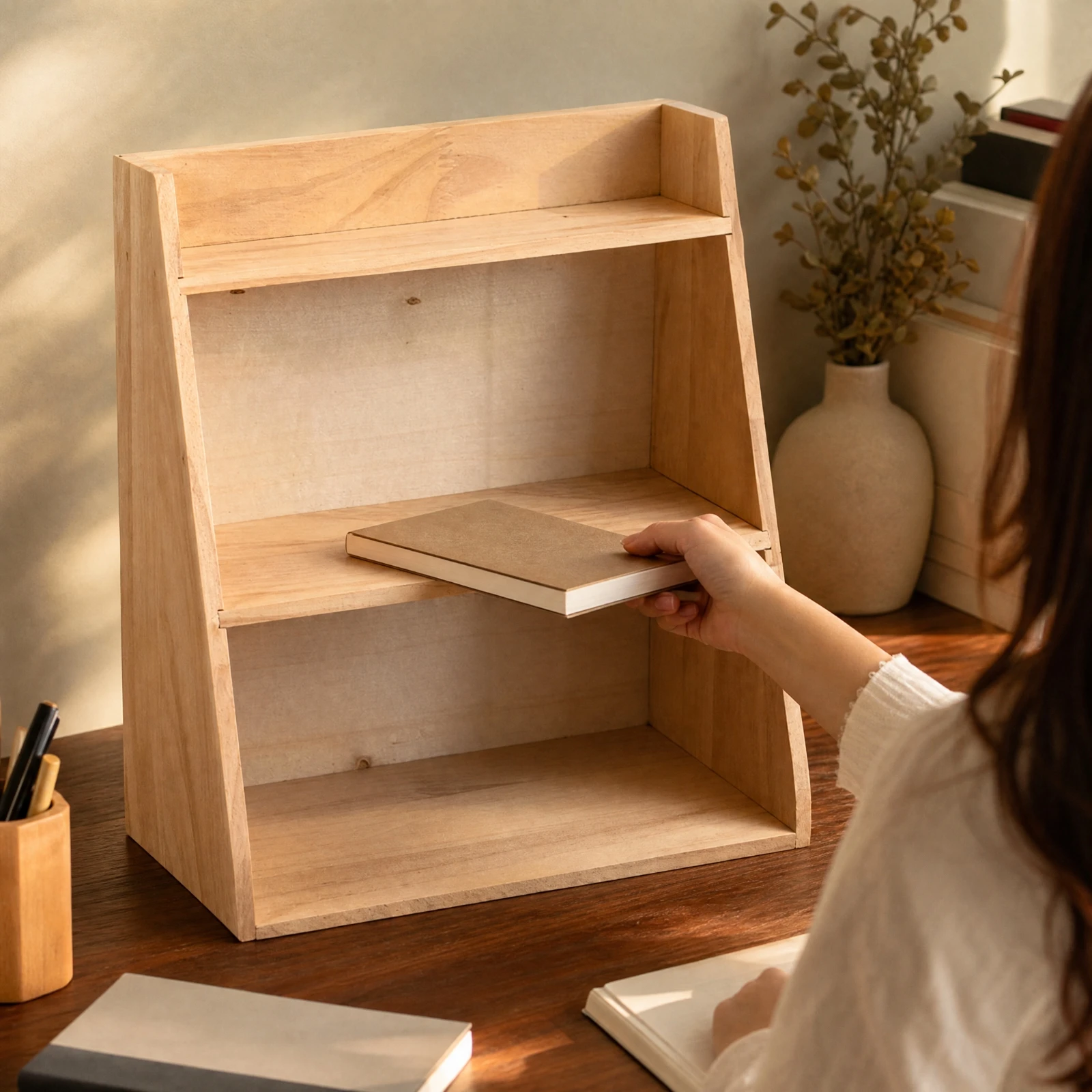 No-Assembly Tabletop Storage Shelf Compact Solid Wood Desktop Storage Shelf Rustic Wooden Desktop Organizer Space-Saving