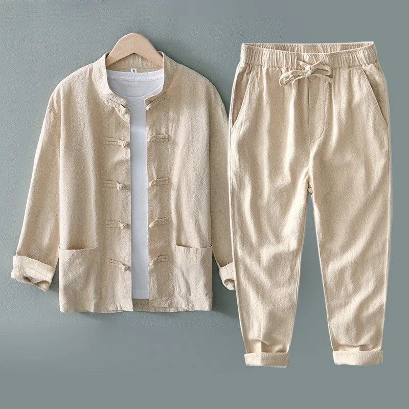 

Men's Tang Suit Cotton Linen Two-Piece Set Chinese Sle Tea Clothing Ancient Faion Buddhist Layman's Robe Zen Meditation Garb