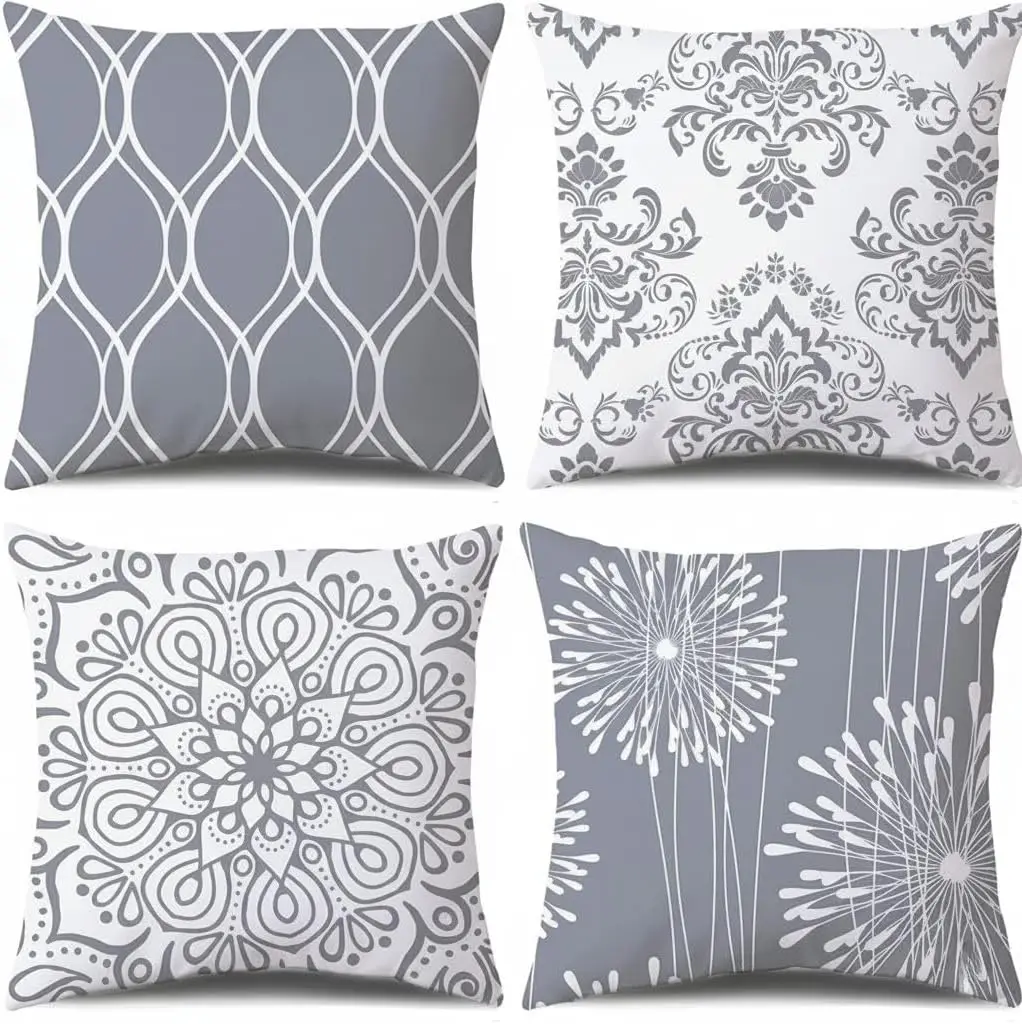 

4pcs Gray White Geometric Damask Mandala Dandelion Printed Pillow Cover Polyester Cushion Case 2D Flat Modern Home Decor Now
