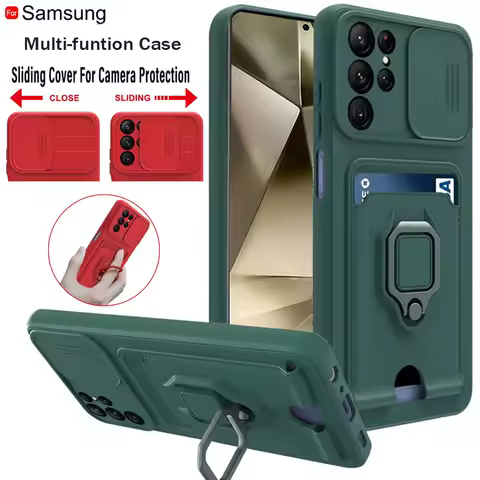 Slide Camera Case For Samsung Galaxy S25 S24 Ultra S23 Plus S21 S22 S24 FE Card Slots Wallet Magnetic Ring Holder Silicone Cover