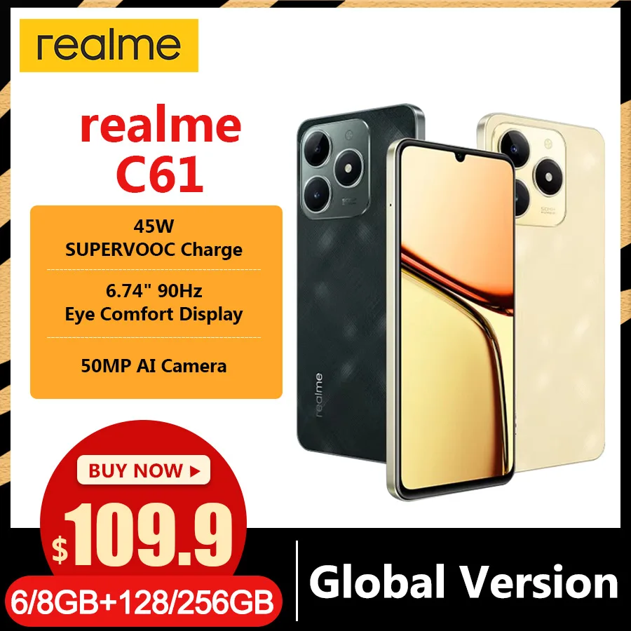 Global Version  realme C61 Smartphone 5000mAh Battery 45W SUPERVOOC Charge 50MP AI Camera 90Hz Display IP54 AI Engine 256GB NFC