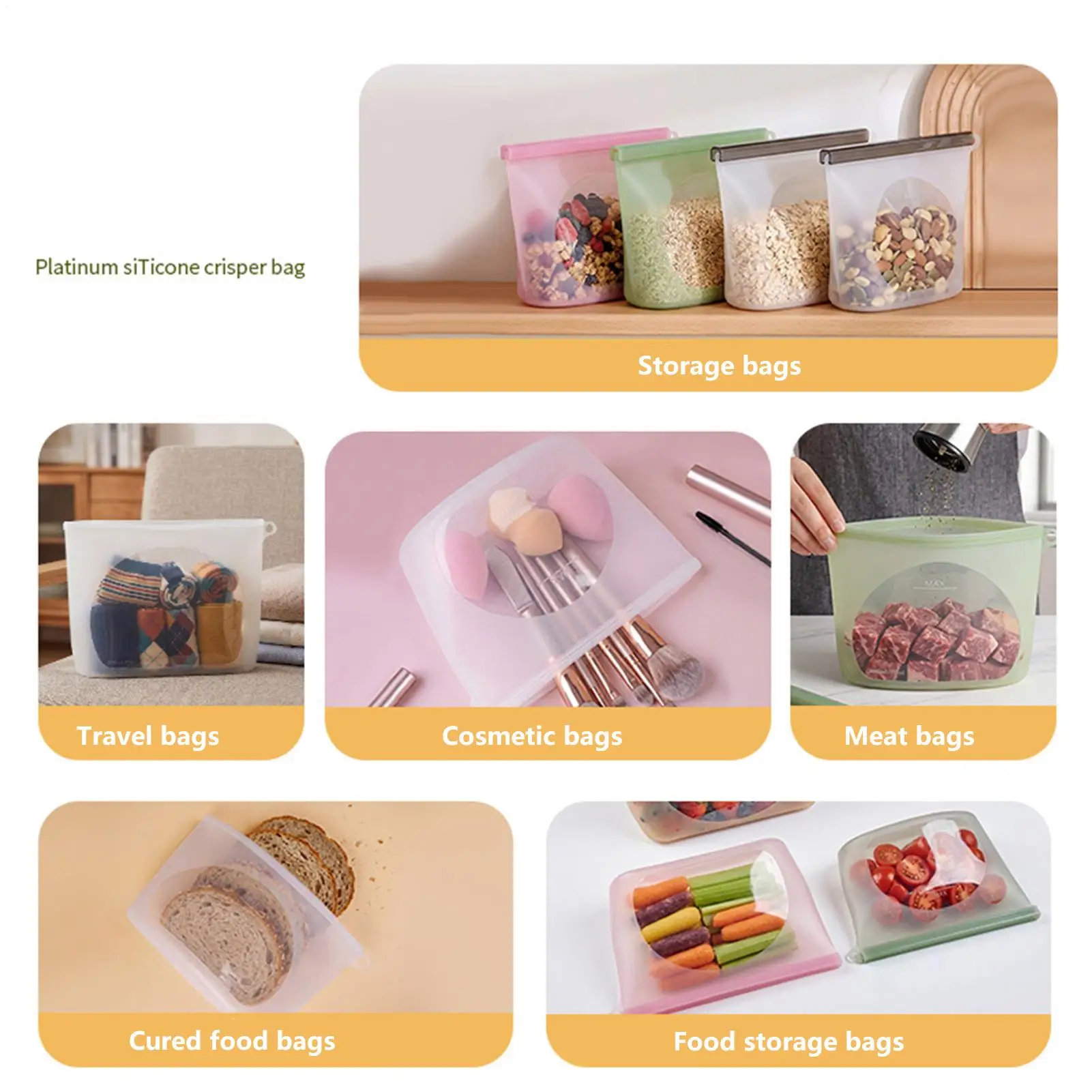 Reusable Food Storage Bags 1000ml High Temperature Resistant Writable Pouch Ziploc Lunch Containers For Snacks Vegetables Fruits