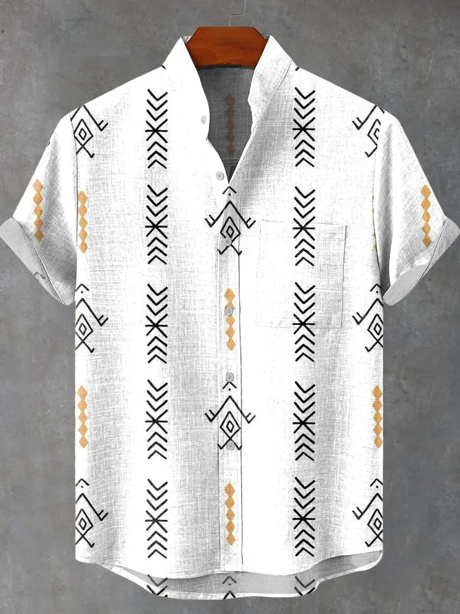 صيف 2025 قميص الباتيك فن أنيق رائع نمط الطوطم الكتان الرجال قميص قصير الأكمام عادية مريحة زر علوي