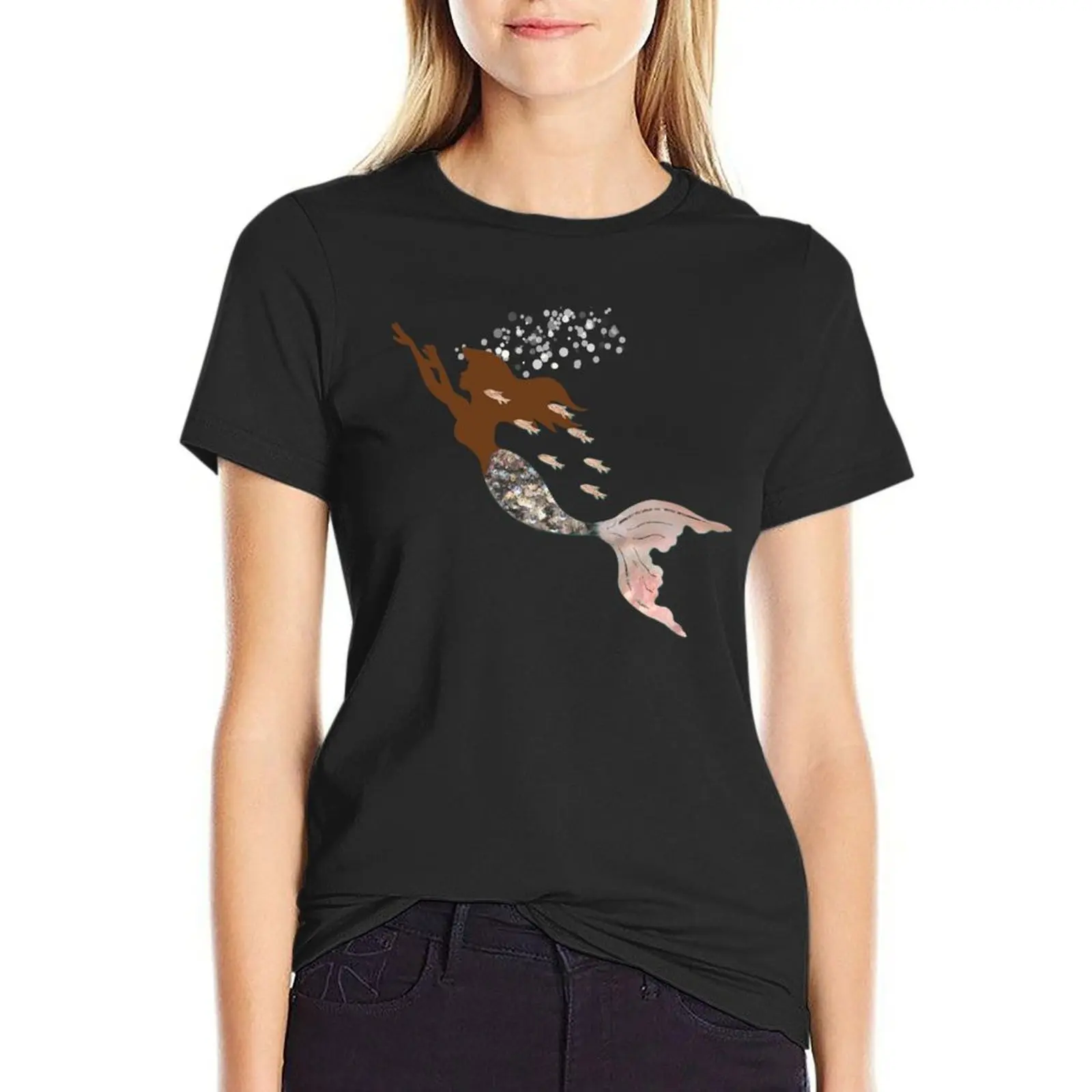 

Swimming With The Fishes a brown mermaid racing rose gold fish T-Shirt cute tops Female clothing t shirt for Women