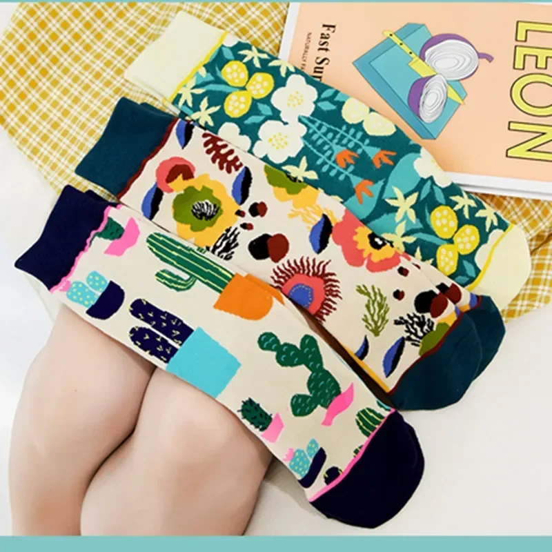 2024 new creative women's straight cartoon animal characters plant cactus graffiti fun trendy socks  designer socks