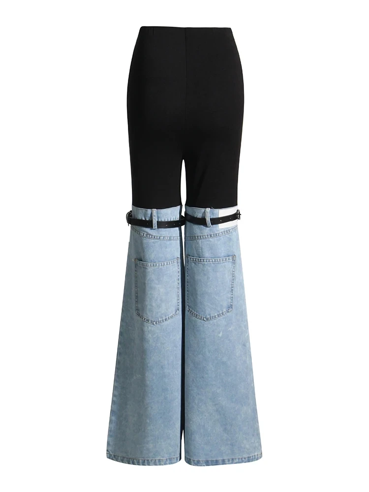 Pantaloni in Denim con cintura Patchwork per donna vita alta che dimagrisce Hit Color Streetwear Jeans a gamba larga vestiti di moda femminile