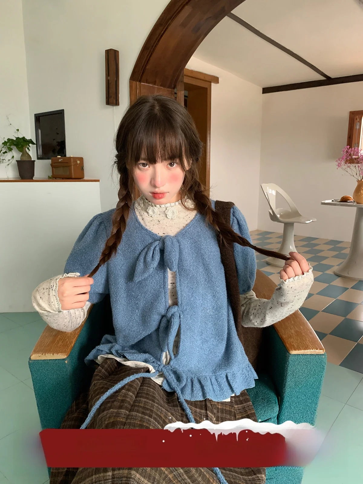 

Женский осенний шерстяной топ Cheese Day Cute Little Ice Lake Blue, нежный дизайн, свободный крой, для многослойных образов, однотонный, в стиле Sweet Sle