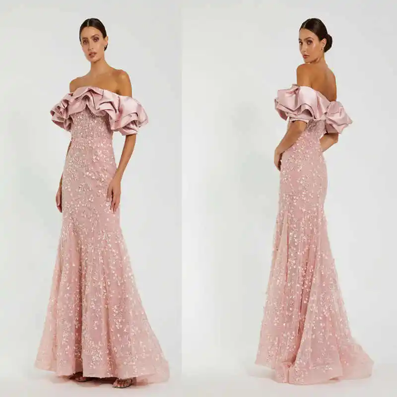 Anmutige Abendkleider im Meerjungfrau-Stil, schulterfrei, Pailletten, Applikationen, ärmellos, Ballkleider, Partykleider, maßgeschneiderte Robe De Soirée