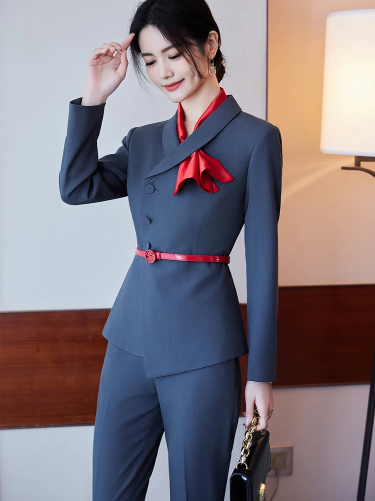 Elegant Office Ladies Pant Suit Women Black Blue Gray Female Business Work Wear Jacket Blazer and Trouser Formal 2 Piece Set