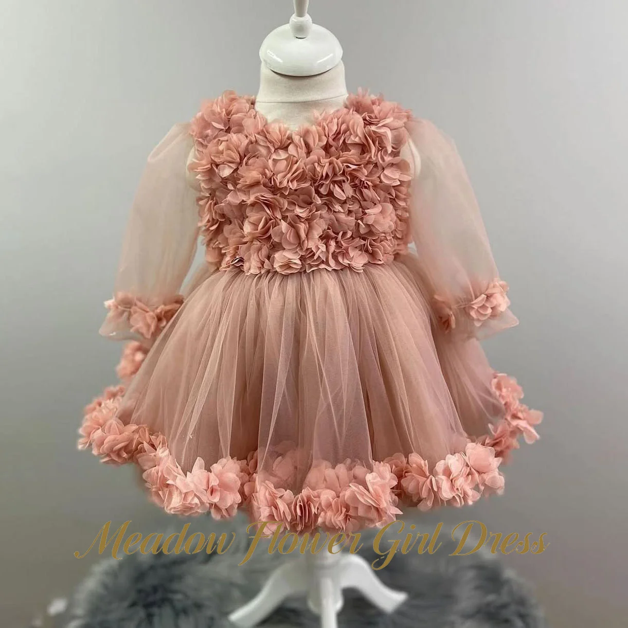 

Meadow Dusty Pink Evening Party Dress for Girls V Neck Wedding Dress for Girls 3-13 Years Old Long Sleeve Flower Girl Dress