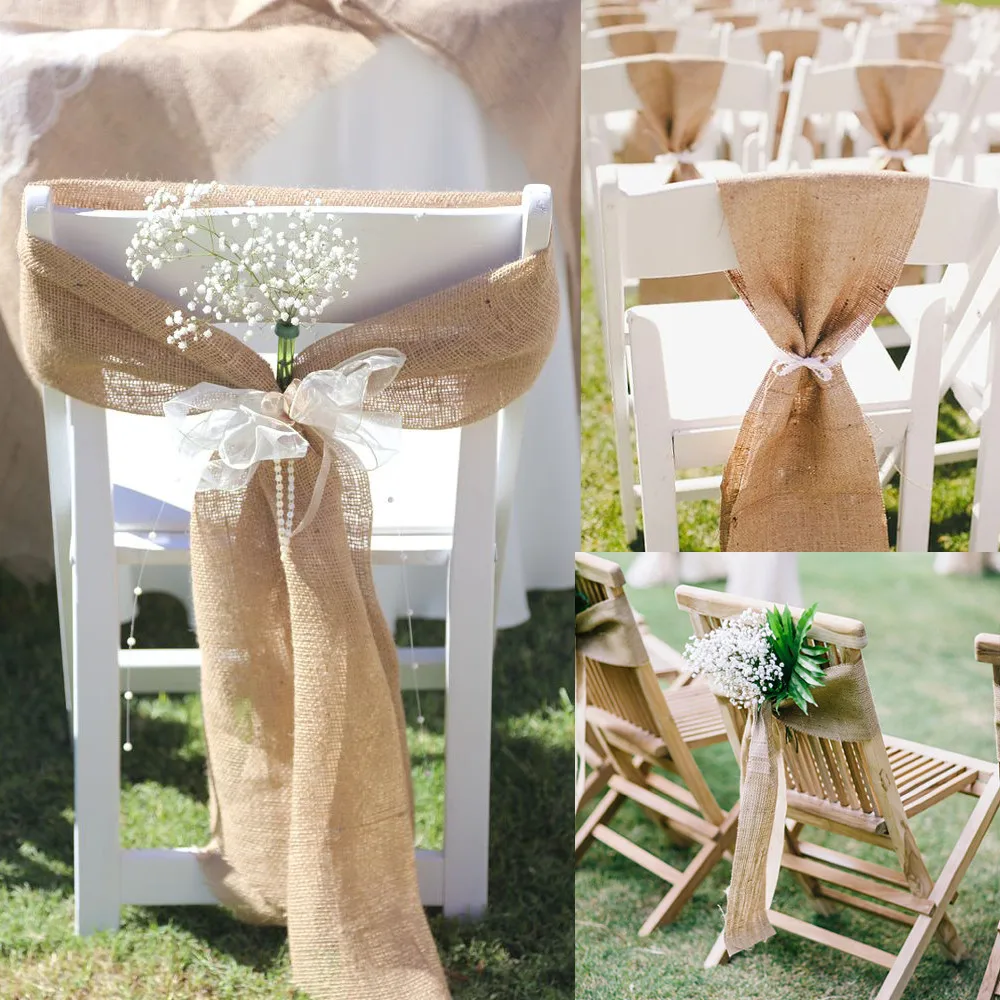 10PCS  Natural Jute Burlap Chair Sashes Fabric Jute Roll Hessian Ribbon Roll Burlap Table Runner Party For Wedding Decoration