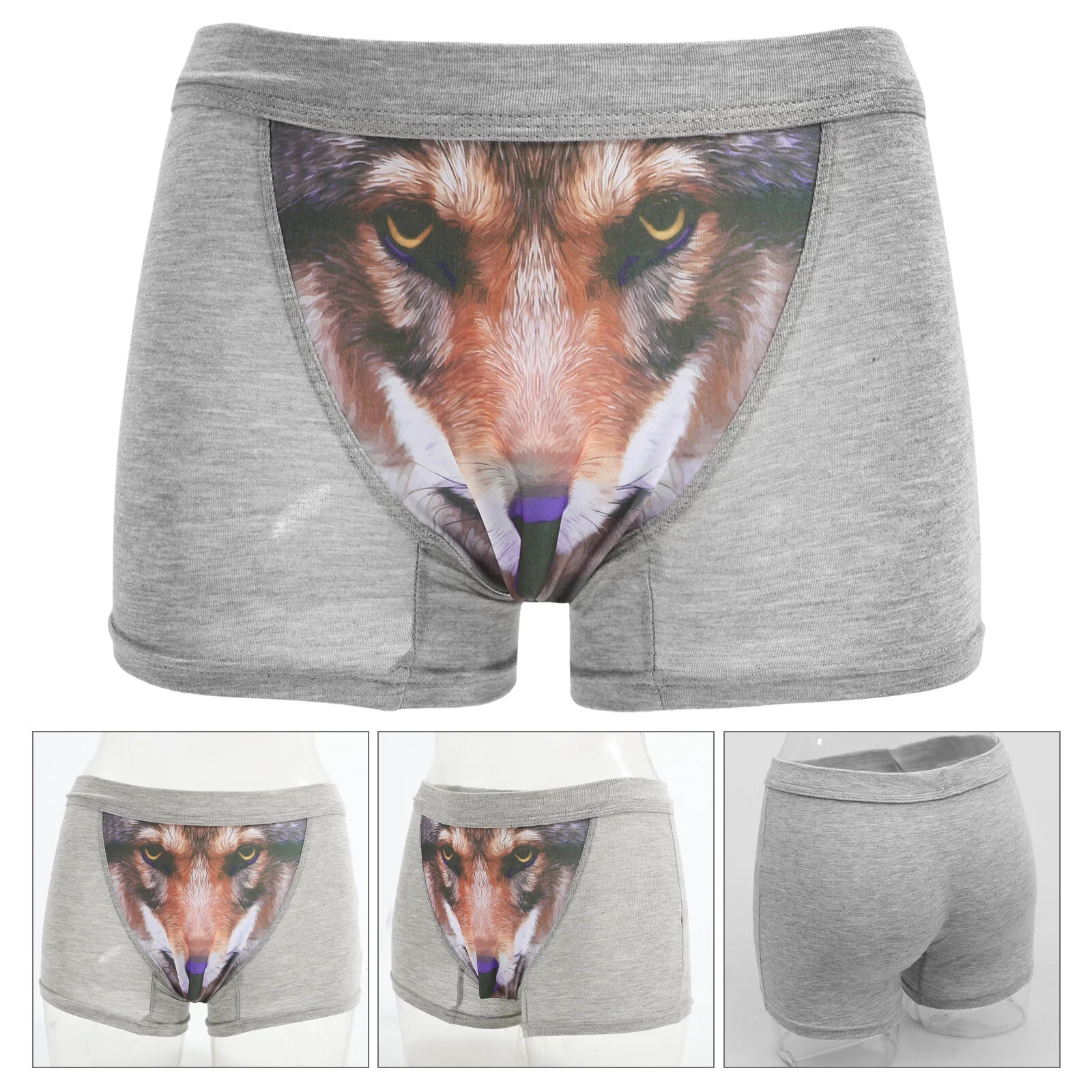 Men While While Men 3D Wolf Head Animal Briefs Stretch Modal Underpants Size L (Grey)