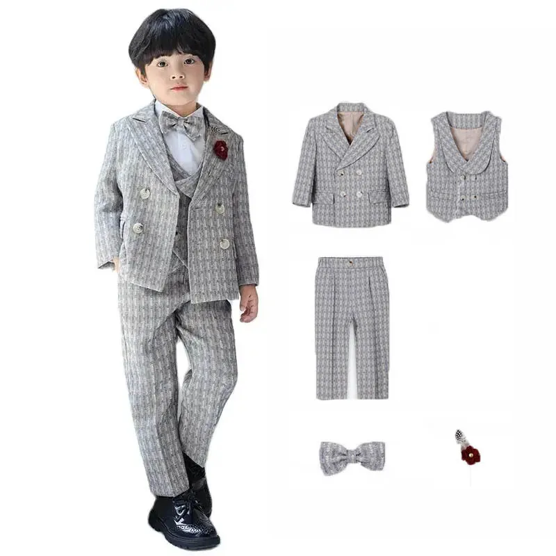 Little Boys 5 Pieces Jacket Vest Pants Bowtie Flower Photograph Suit Gentleman Kids Ceremony Dress Children Birthday Costume