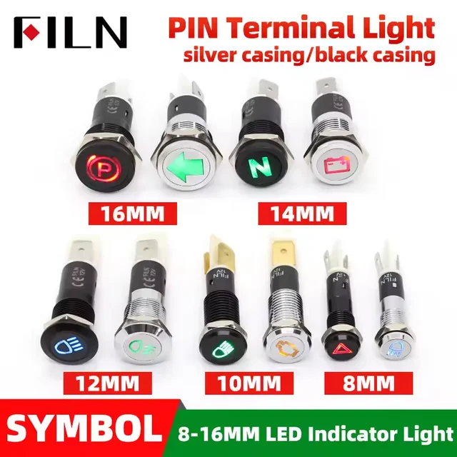 Filn 8/10/12/14/16mm símbolo de metal led luz indicadora 2-pin 12v 24v escudo preto lâmpada indicadora painel do carro luzes piloto