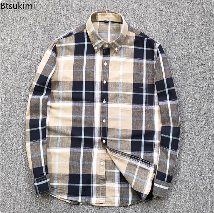 High-Quality Cotton Linen Men's Long Sleeved Shirt Comfort Breathable Classic Plaid Regular Fit Casual Business Social Shirts