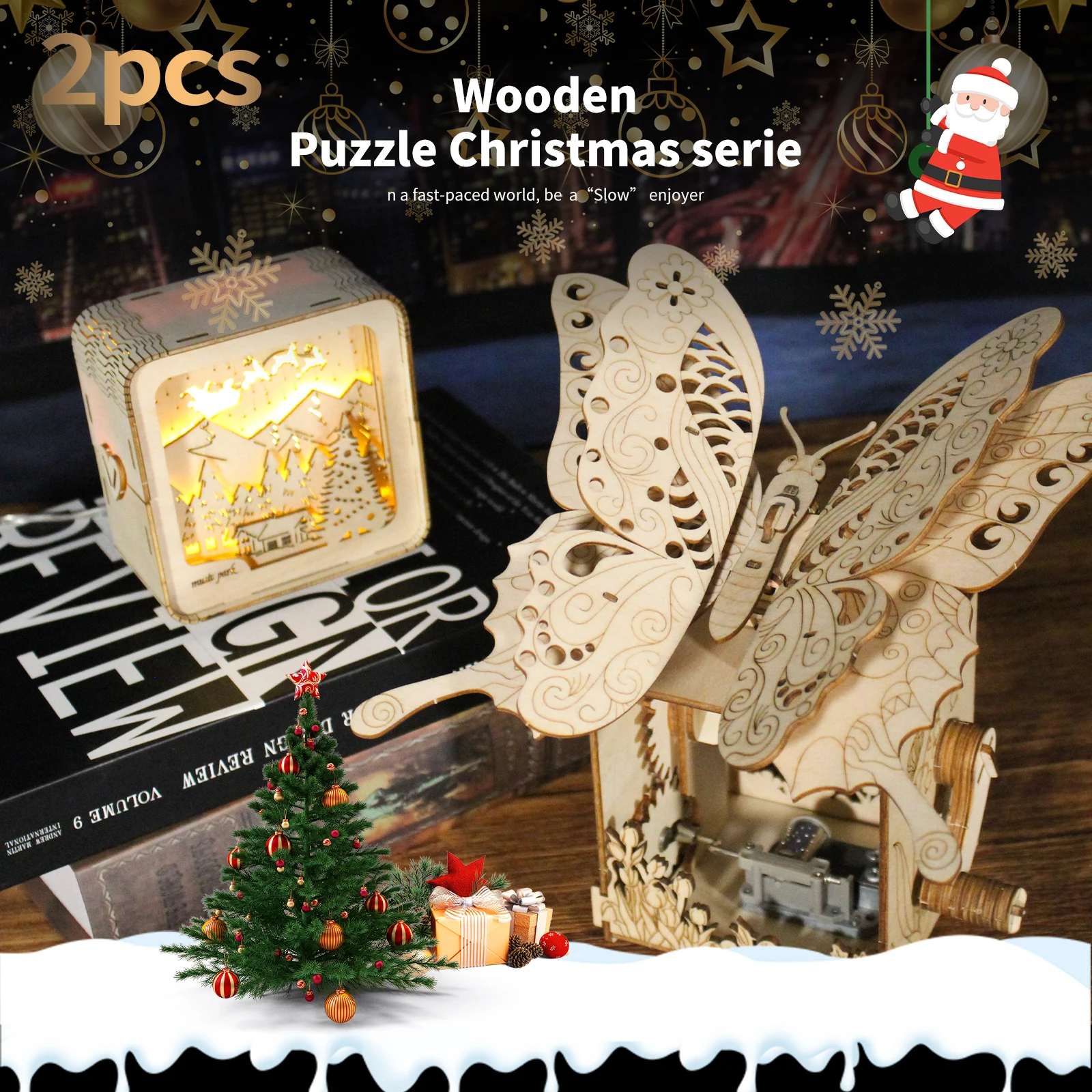 

2 шт. 3D деревянные пазлы с Рождеством, комплект моделей, ночные огни и музыкальная шкатулка в виде бабочки, украшения для стола, подарки на день рождения, Рождество