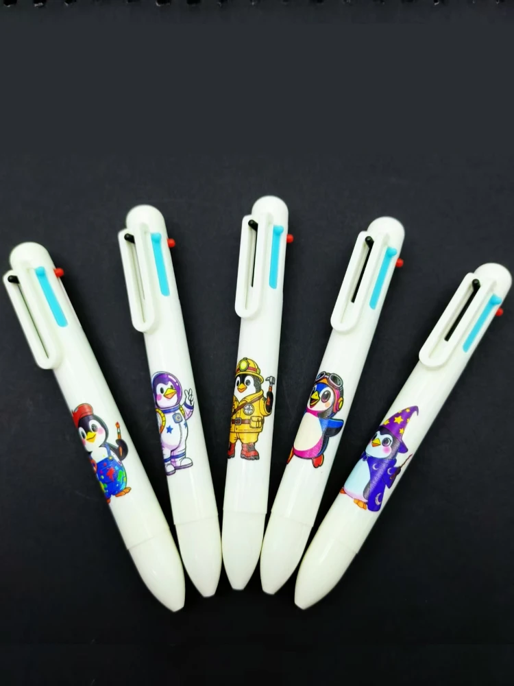 Bolígrafo multicolor con tema de carrera de sueños de pingüino, bolígrafo creativo Six en uno con prensa de grupo de pingüinos, 12 Uds.